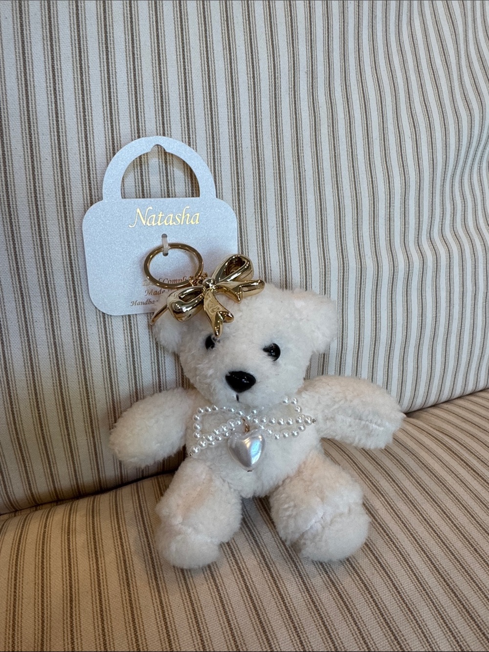 Natasha white plush teddy bear keychain bag charm NWT